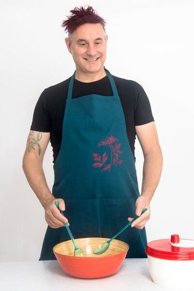 Hirschkind Bio-Kochschürze "Holunder" handgewebt petrol Fair-Trade