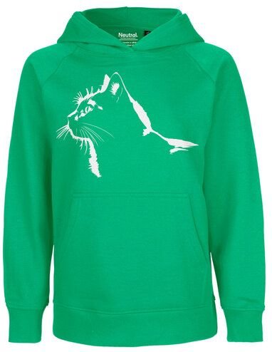 HANDGEDRUCKT "Stubentiger" Kinder-Hoody aus reiner Biobauwolle (kbA) Katze