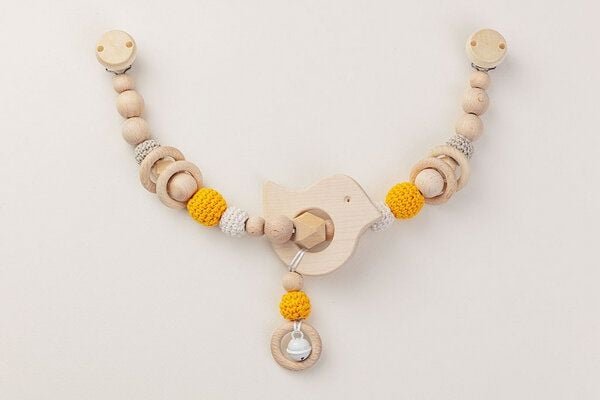 NoniKids Berlin Kinderwagenkette Holz *Vogel Glocke* 2 Farben | Bio Baumwolle