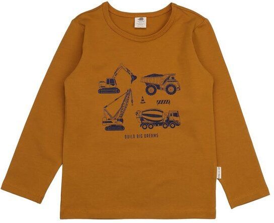 Kinder Langarmshirt GOTS-zertifiziert aus Bio-Baumwolle karamellbraun mit Fahrzeuge-Motiv „Crazy Machines“ – Walkiddy