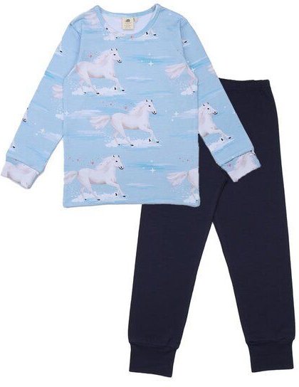 Kinder Schlafanzug GOTS-zertifiziert aus Bio-Baumwolle, blau mit Pferdeprint, zweiteilig, langarm – Walkiddy, weich & ha...