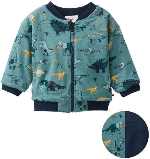 People Wear Organic Sweat Jacke wendbar, grün bedruckt, "Dinosaurier", Bio-Baumwolle