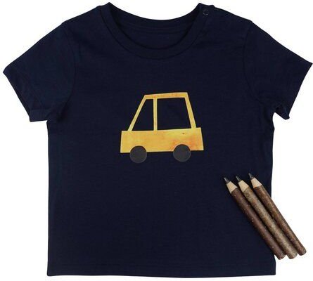Meladi Kinder Baby-Shirt aus Biobaumwolle - Gelbes Auto auf Navy Blau