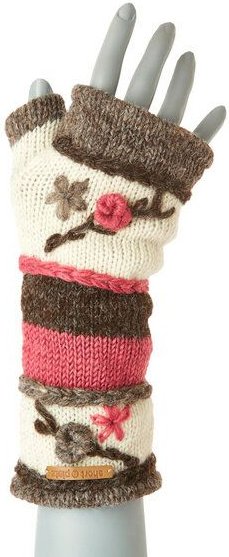 short'n'pietz Schurwollhandstulpen gestreift mit Blumen bestickt, handgestrickt