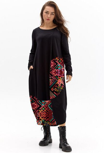 Kleid Tara – Maxikleid im „Ballon“-Stil – Langen Ärmeln – Seitliche Bänder zur Längenregulierung – Asymmetrische Nähte –...