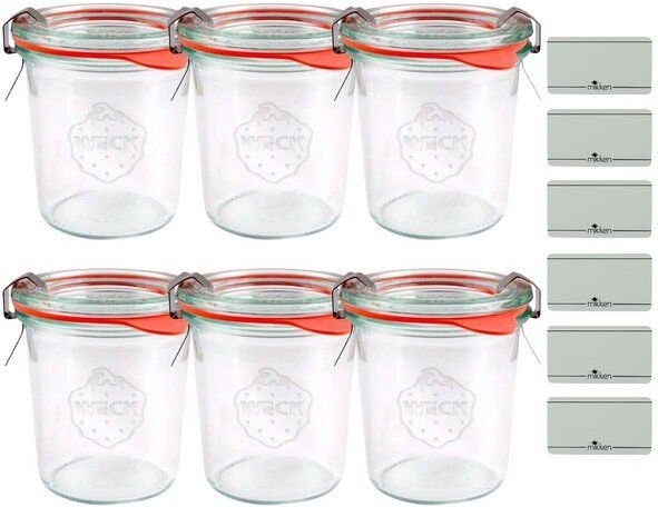 mikken 6er Set Weck Sturzgläser 80 / 140 / 160 / 290 / 370 / 580 / 850 ml Glas mit Etiketten