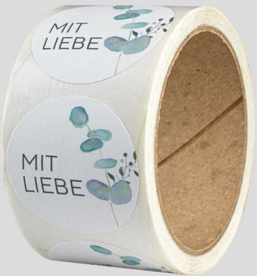 Fines Papeterie ab 50 Geschenkaufkleber * Mit Liebe * mit Eukalyptuszweig * 4cm rund * Naturpapier * auf Rolle