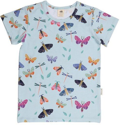 Kinder T-Shirt GOTS-zertifiziert aus Bio-Baumwolle hellblau mit buntem Schmetterlings-Muster von Walkiddy