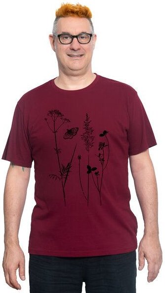 Hirschkind Bio- & Fair-Trade-Männershirt "Schmetterlingswiese" weinrot