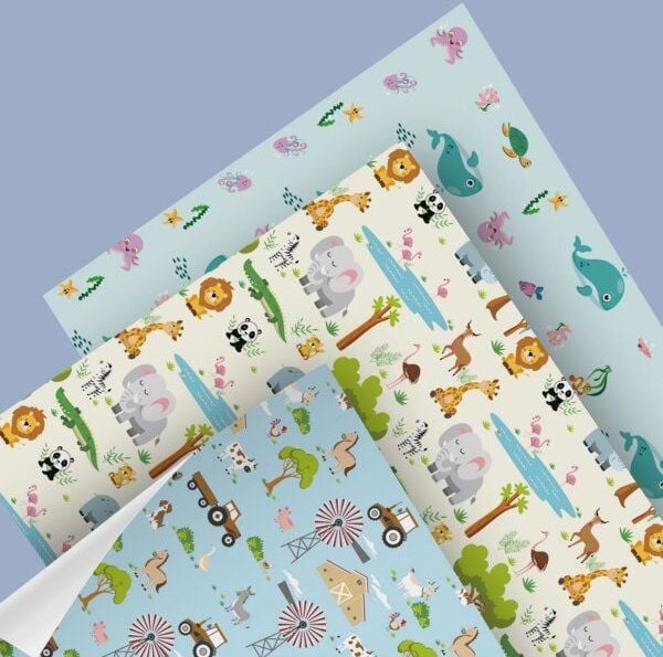 Fines Papeterie 3x 3m Geschenkpapier Set für Kinder * SET 2 mit Meer, Bauernhof und Safari Motiven * 3 Rollen je 300x47 ...