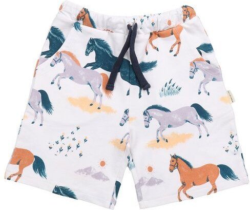 Kinder Shorts GOTS-zertifiziert aus Bio-Baumwolle, Happy Horses, weiß mit buntem Pferde-Print, elastischer Bund & Kordel...