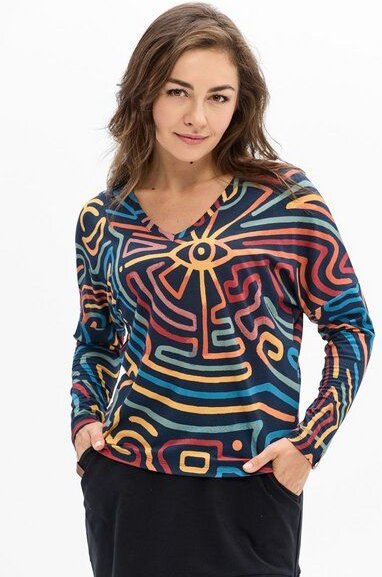 Bluse Saja Longsleeve – Viskose farbenfroher KOKOworld Print weiter Schnitt V-Ausschnitt – perfekt für Yoga – Fair produ...