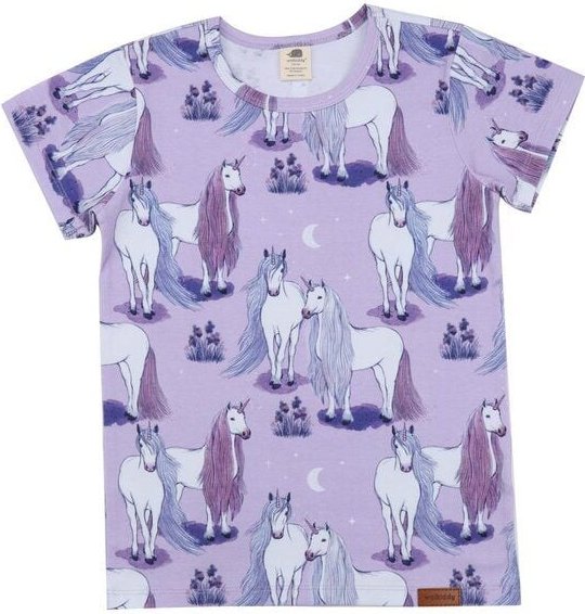 Kinder T-Shirt GOTS zertifiziert Bio-Baumwolle Lila Einhorn-Print „Unicornland“ 95/5 Elasthan Kurzarm – Walkiddy