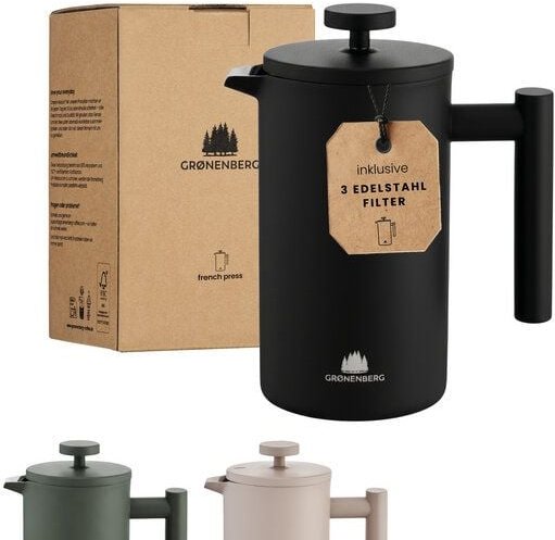 GROENENBERG Edelstahl French Press bunt 0,6 oder 1 Liter | mit Thermo-Effekt | Inkl. Ersatzfilter