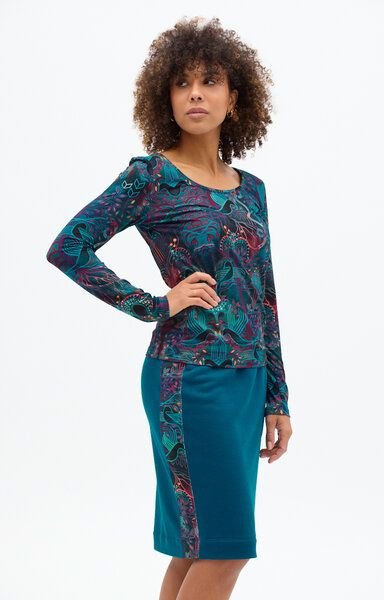 Rock Loba – Figurbetonter Schnitt bis zum Knie – Tasche an einer Seite – Breiter Bund – Einsätze aus einem Originalmuste...