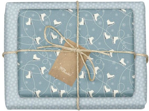 dabelino Geschenkpapier Set: Weihnachten "Schlittschuhe/ Schneeflocken blau weiß"
