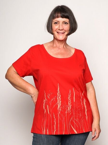 Peaces.bio - handbedruckte Biomode Bio-Damen-Loosefit-T-Shirt Gräservielfalt