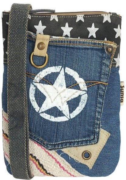 Sunsa Damen Handy Tasche kleine vegane Umhängetasche aus recycelte Jeans & Canvas