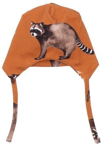 Baby Mütze GOTS zertifiziert Bio-Baumwolle, Braun, Waschbär-Motiv, Bindebänder, Walkiddy