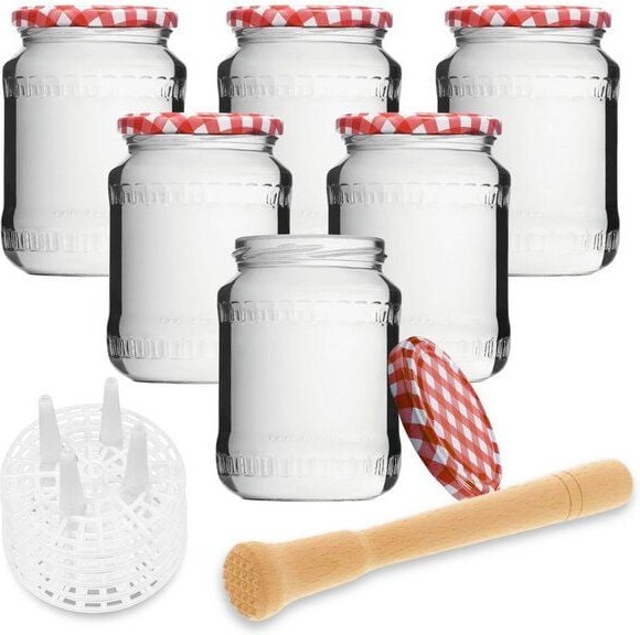 mikken Fermentier Starter Set - 6 Fermentiergläser 720 ml mit Fermentier Gitter, Holzstößel und Deckel