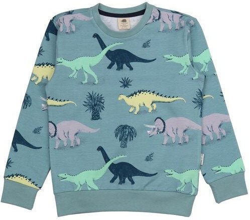 Kinder Sweatshirt GOTS-zertifiziert aus Bio-Baumwolle blaugrün mit Dinosaurier-Motiv – Walkiddy