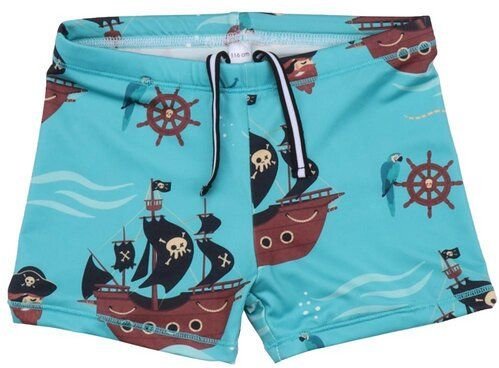 Kinder Badehose GOTS zertifiziert Bio-Baumwolle, Dunkelblau, Piratenschiff-Muster, Walkiddy