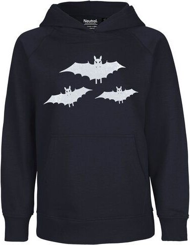HANDGEDRUCKT "Fledermausschar" Kinder Hoody aus reiner Biobaumwolle (kbA)
