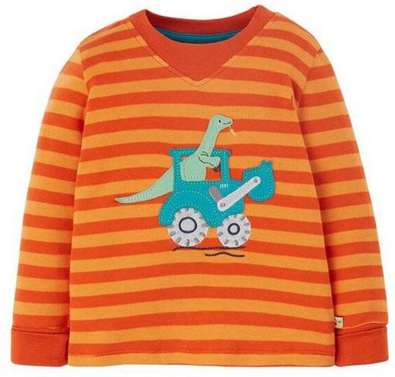 Frugi Langarm-Shirt Dino/Traktor in orange gestreift Easy on Top