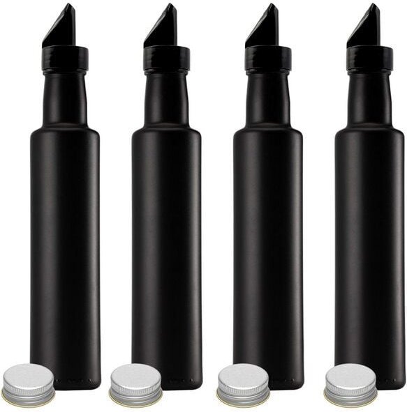 mikken Ölflasche 250 ml | 500 ml matt schwarz runde Dosierflasche mit Ausgießer + Schraubdeckel und Etiketten