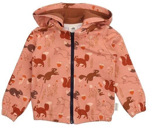 Kinder Sweatjacke GOTS zertifiziert, Bio-Baumwolle, terracotta, Eichhörnchen-Muster „Tiny Squirrels“, Reißverschluss – W...