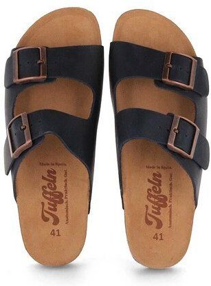 Tuffeln Leder-Pantoletten Norderney mit anatomischem Kork-Fußbett Zweischnaller-Sandalen