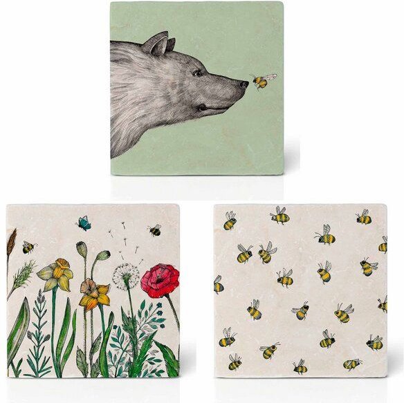 Fliesenuntersetzer 3er Set »Bienen & Blümchen« von LIGARTI | Design Untersetzer | Natursteinfliese