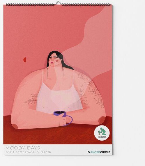 Photocircle Moody Days Kunstkalender 2026 mit rosaroten, humorvollen Designs von Oh Ofi