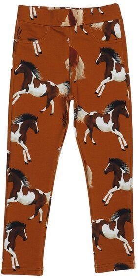 Kinder Sweat-Leggings GOTS-zertifiziert aus Bio-Baumwolle, braun mit Pferde-Print, elastischer Bund – Walkiddy, weich & ...