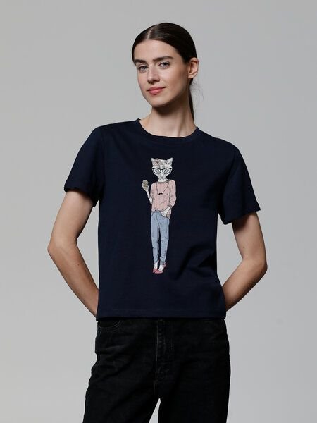 watapparel T-Shirt Frauen Hipster Cat with Moustache