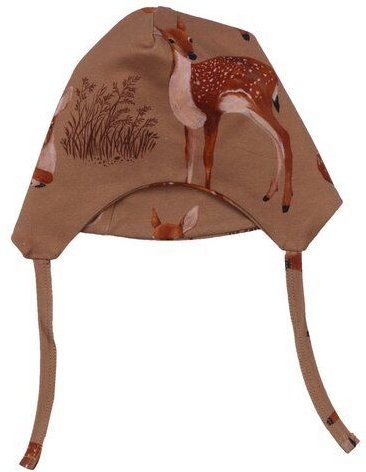 Babymütze GOTS Bio-Baumwolle braun mit Tiermotiv, Ohrenklappen & Bindebändern – Walkiddy, weich, dehnbar & hautfreundlic...