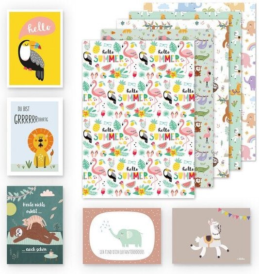 dabelino Kinder Geschenkpapier 5er Set Tiere: Faultier, Elefanten, Lama, Flamingo