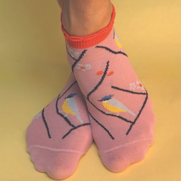 Fräulein Prusselise Meise Sneaker Socke, rosa, Vogel, nature, bunt gemustert