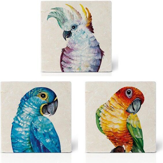 LIGARTI Fliesenuntersetzer – 3er-Set – Papageien Trio
