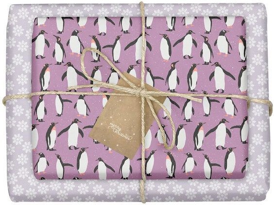 dabelino Geschenkpapier Set: Weihnachten "Pinguine / Schneeflocken lila weiß"