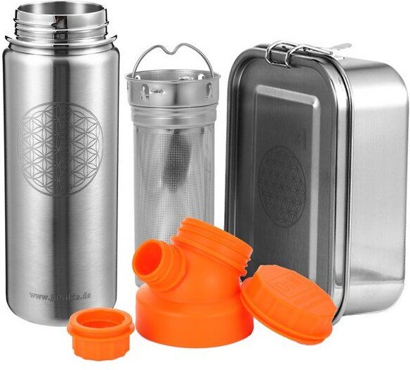 JN JuNiki's Set "Blume des Lebens": Lunchbox + 550ml Edelstahltrinkflasche + Teefilter