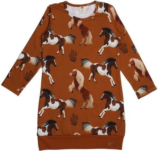 Kinder Kleid GOTS zertifiziert – 95% Bio-Baumwolle, Braun mit Pferdemotiv, Langarm, 5% Elasthan, weich & bequem | Walkid...