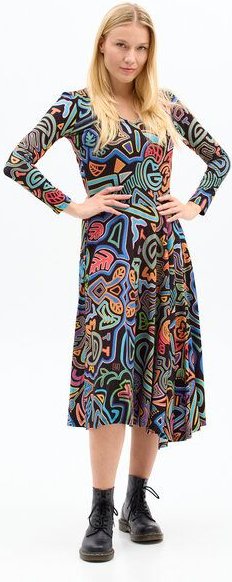 Kleid Lia – Maxikleid mit ausgestelltem Rock – Lange Ärmel – V-Ausschnitt – Versteckte Taschen – Farbenfroher einzigarti...