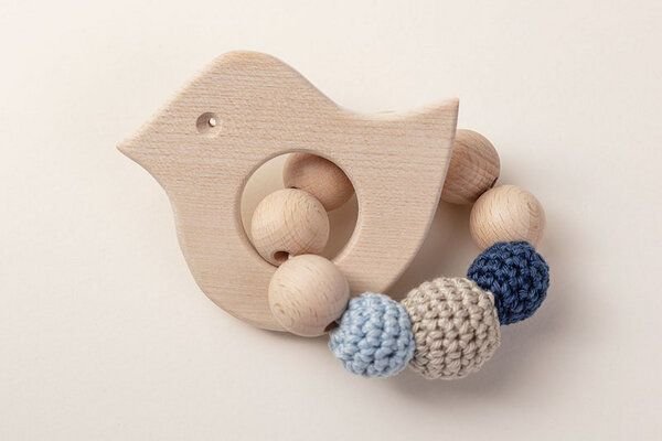 NoniKids Berlin Greifling Beißring Holz *Vogel* | Bio Baumwolle