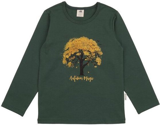 Kinder Langarmshirt GOTS zertifiziert, dunkelgrün, „Autumn Leaves“ Frontprint, Bio-Baumwolle, weich – Walkiddy