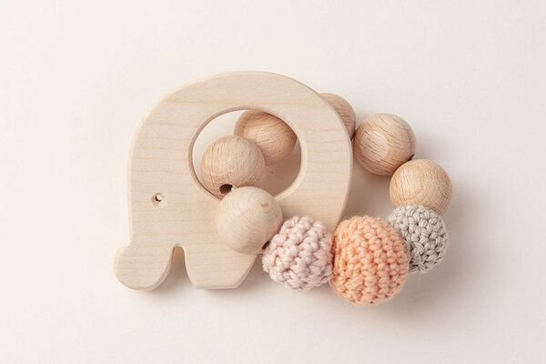 NoniKids Berlin Greifling Beißring Holz *Elefant* | Bio Baumwolle