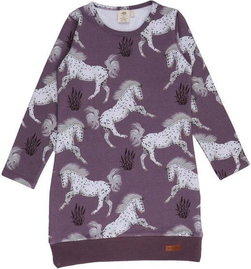 Mädchen Sweatkleid GOTS-zertifiziert aus Bio-Baumwolle lila mit Pferde-Motiv – Walkiddy