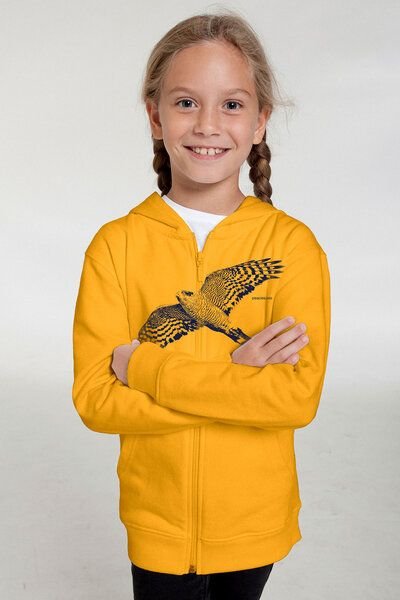 Peaces.bio - handbedruckte Biomode Bio-Kinder-Zip-Hoodie "Sperber"