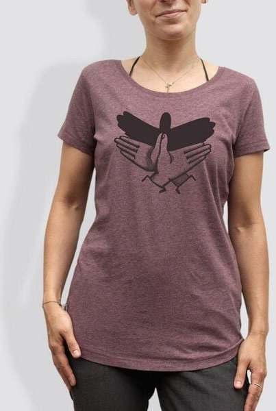Thumbnail - little kiwi Damen T-Shirt, "Schattenvogel", Black Heather Cranberry