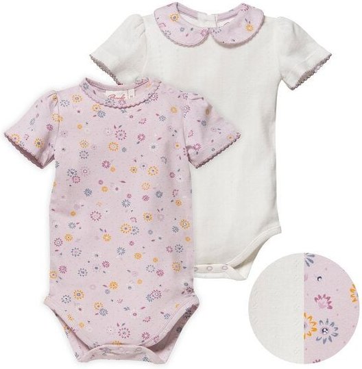 People Wear Organic Kurzarm-Body-Doppelpack, weiße Ajour-Baumwolle (bio) mit Kragen & blass violett bedruckt mit Frühlin...